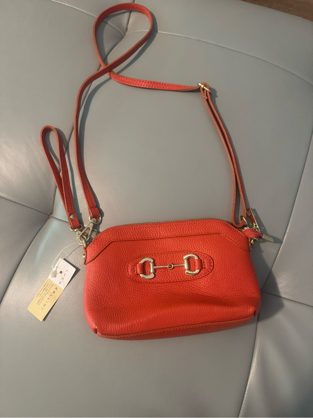 Vera Pelle Orange Italian Pebbled Leather Crossbody with Gold Horsebit